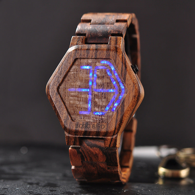 LED Display Wooden Watch Men